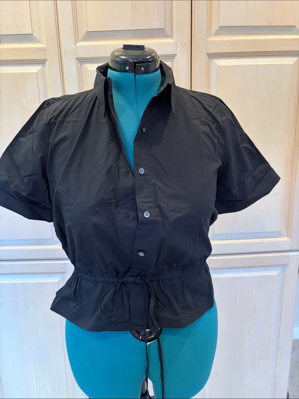 Ann Taylor Black Short-Sleeve Button-Front Drawstring Waist Top